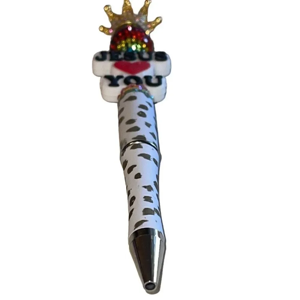 Jesus loves you heart Christian crown beaded writing pen handmade spots animal p